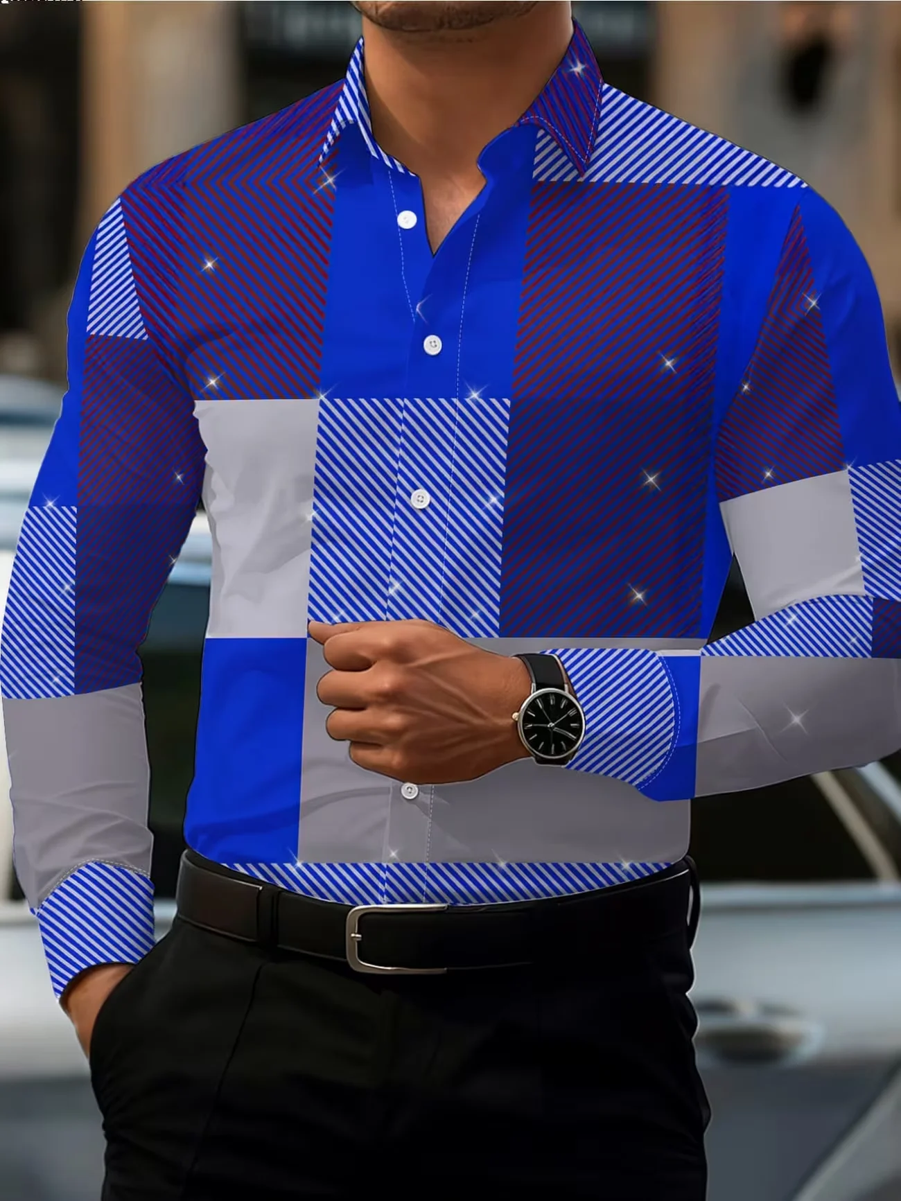 New black gold diamond shaped 3D printed men's long sleeved shirt with collar and personalized shirt clothing