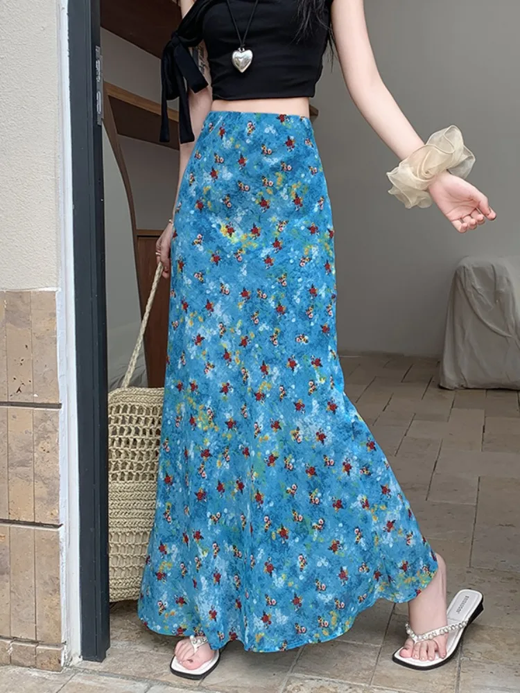 

Blue Floral Oil Painting Half Skirt Women's Spring Summer Korean Retro High Waist Slimming A-Line Long Skirt Comfortable Soft...