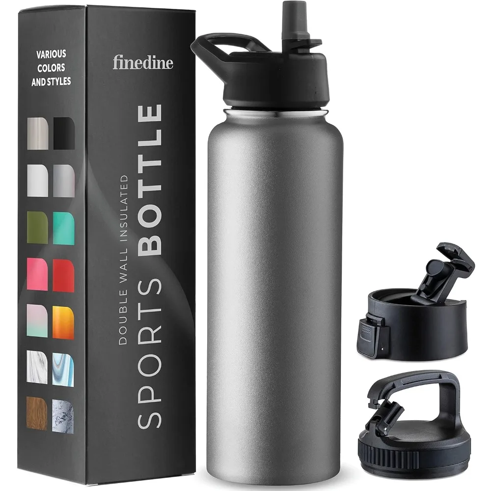 Insulated Water Bottles with Straw 40 Oz Stainless Steel Metal Bottle W/ 3 Leak Proof Lids For Travel School Sports Gym