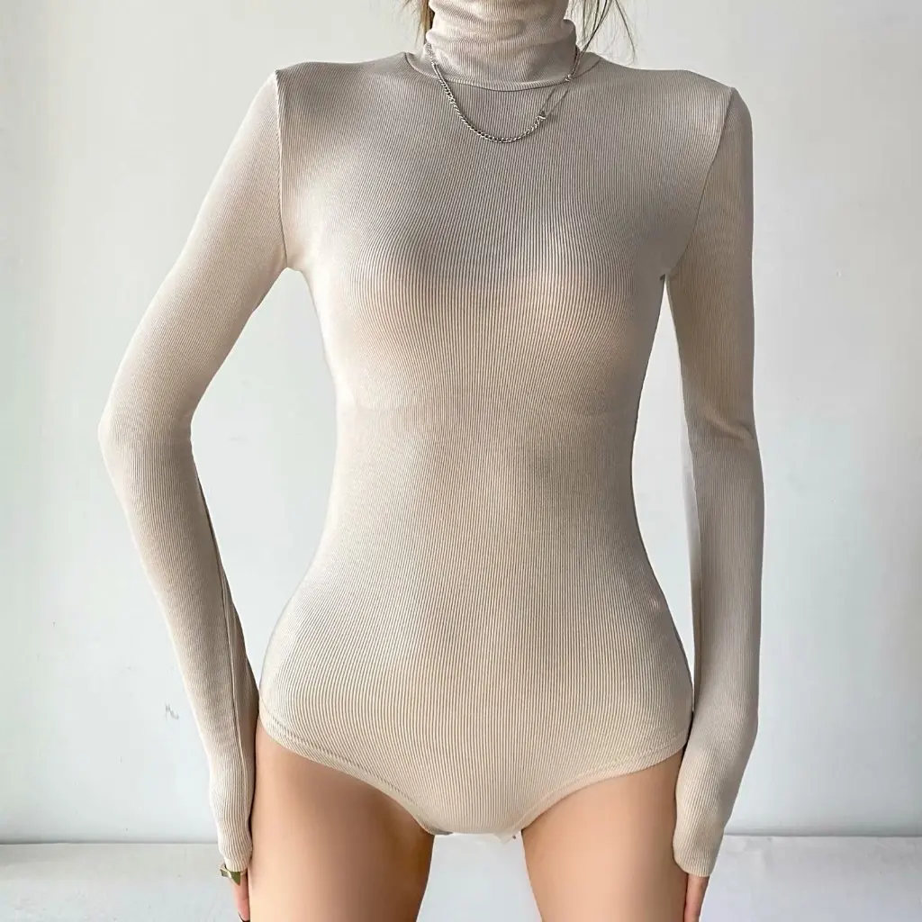 

Комбинезон Slim Fit с высоким воротником и длинными рукавами, однотонная базовая рубашка в европейском и американском стиле, внутренняя одежда, футболка, верхняя одежда для горячих девушек