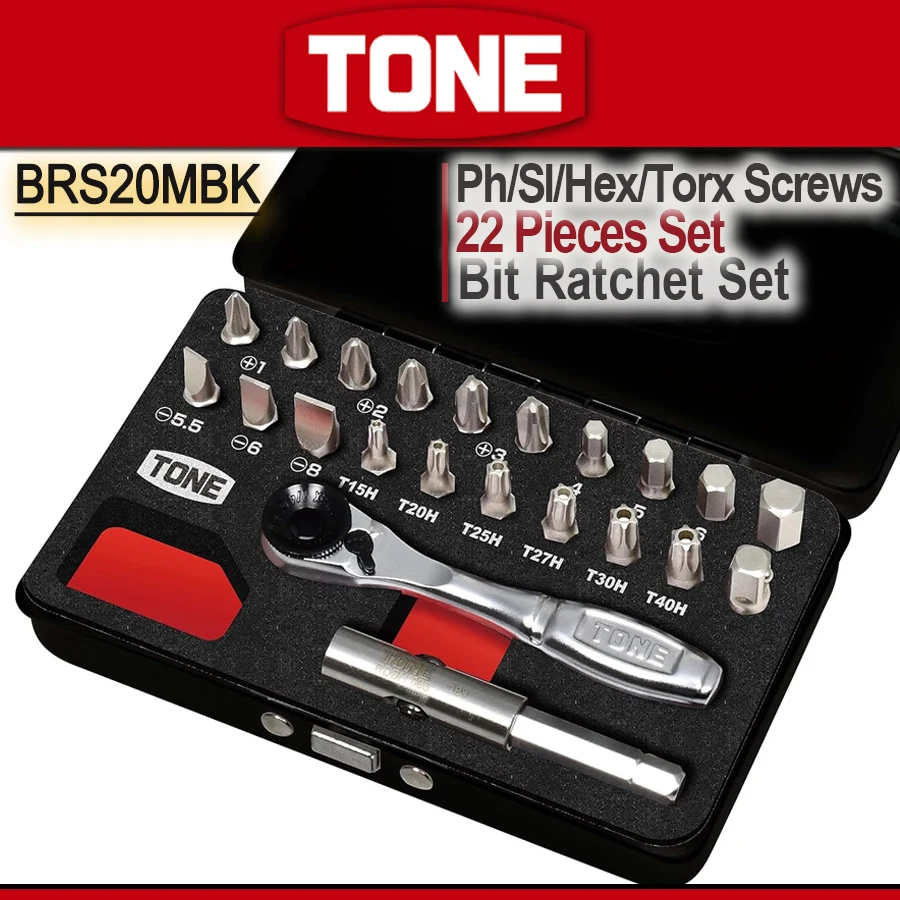 

TONE 22 Pieces Bit Ratchet Set 1/4'' (6.35 mm) Screwdriver Bit Set for Auto Repairing and Household with Iron Box BRS20MBK