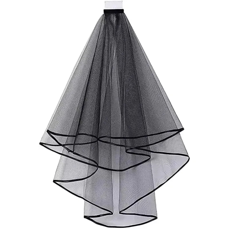 Black Short Women’s 2 Tier with Comb Wedding Veil Tulle Fingertip Length Bridal Ribbon Edge Halloween