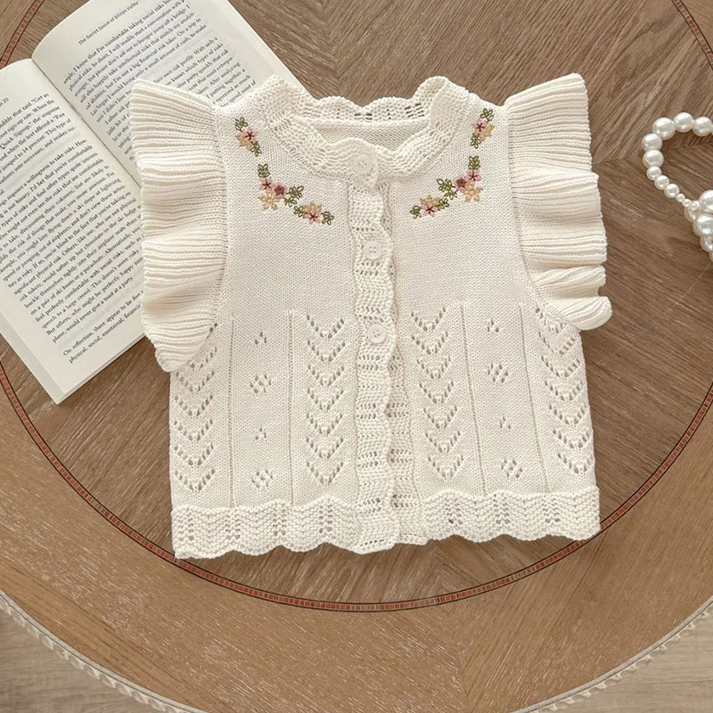 2025 New Autumn Toddler Baby Girl Knitting Vest 0-3Yrs Infant Baby Girls Sleeveless Flower Embroidery Knitting Cardigan Coat