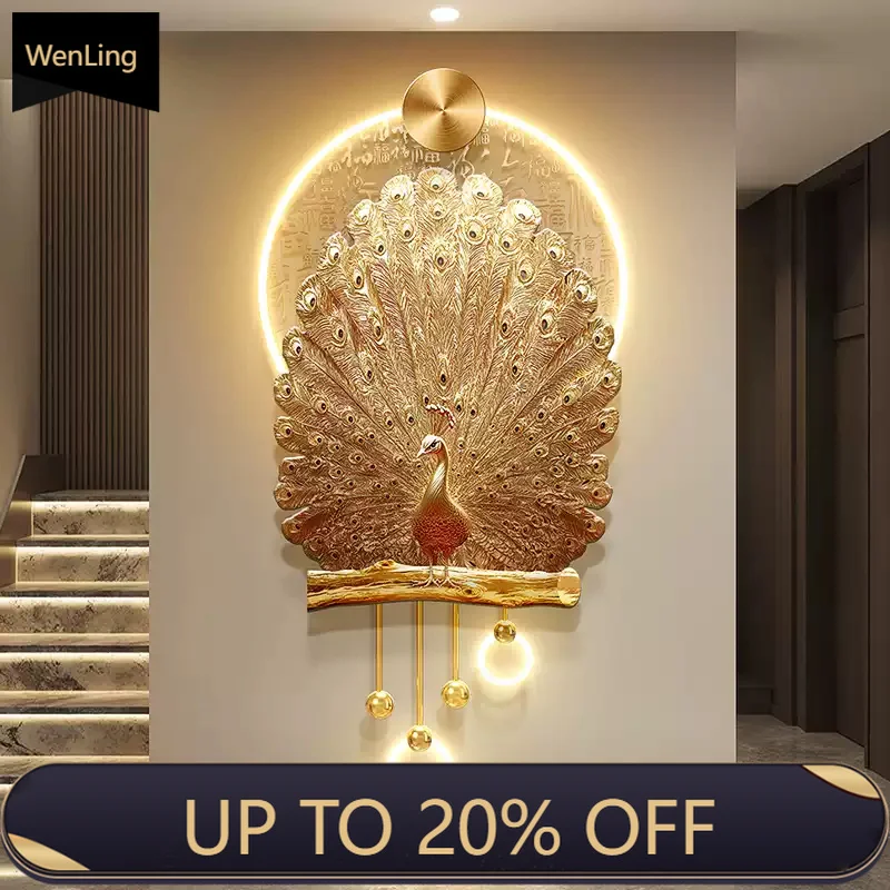 Luxury-glamorous Golden Peacock Entrance Wall LED Mural, High-end Corridor Entrance Door With Three-dimensional Illuminated Wall