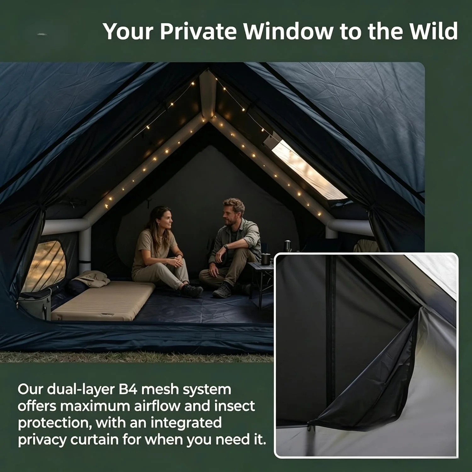 Inflatable Camping Tent 6.3m² Single Door Large Skylight with Canopy PU3000 Waterproof UPF50+ Quick Inflate 300D Oxford