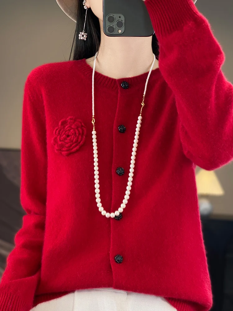 Pure wool knitted cardigan, Spring and Autumn new round neck, solid color, simple and fashionable rose top [no returns allowed]