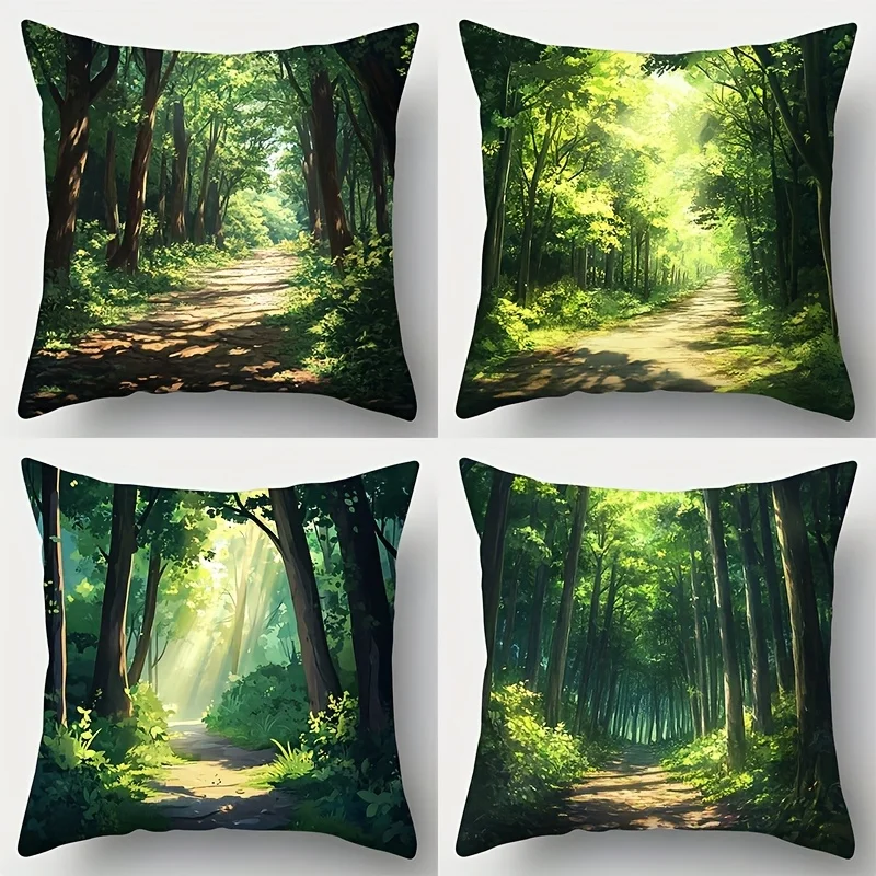 Fundas de almohada con diseño de camino por el bosque al sol, fundas de cojín con paisaje natural verde, fundas de almohada decorativas para sofá de sala de estar