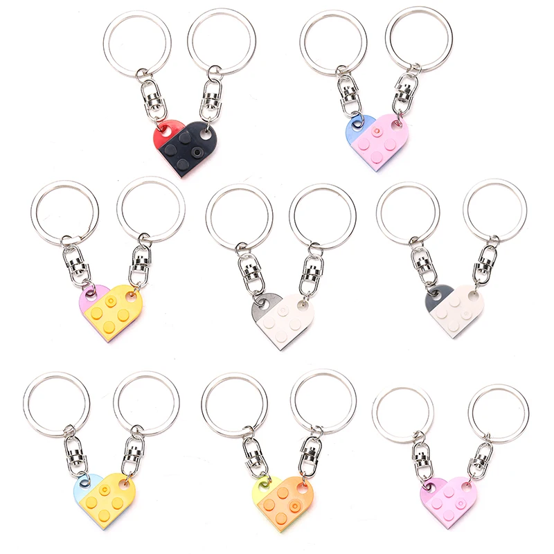 2Pcs Cute Love Heart Brick Keychain for Couples Friendship Women Men Girl Boy Elements Key Ring Birthday Jewelry Gift