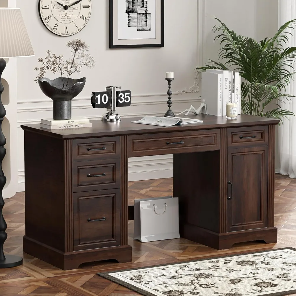 

58-Inch Executive Desk, Farmhouse Computer Desk with Drawers and Storage Cabinet, Wooden Home Office Desk Workstation,
