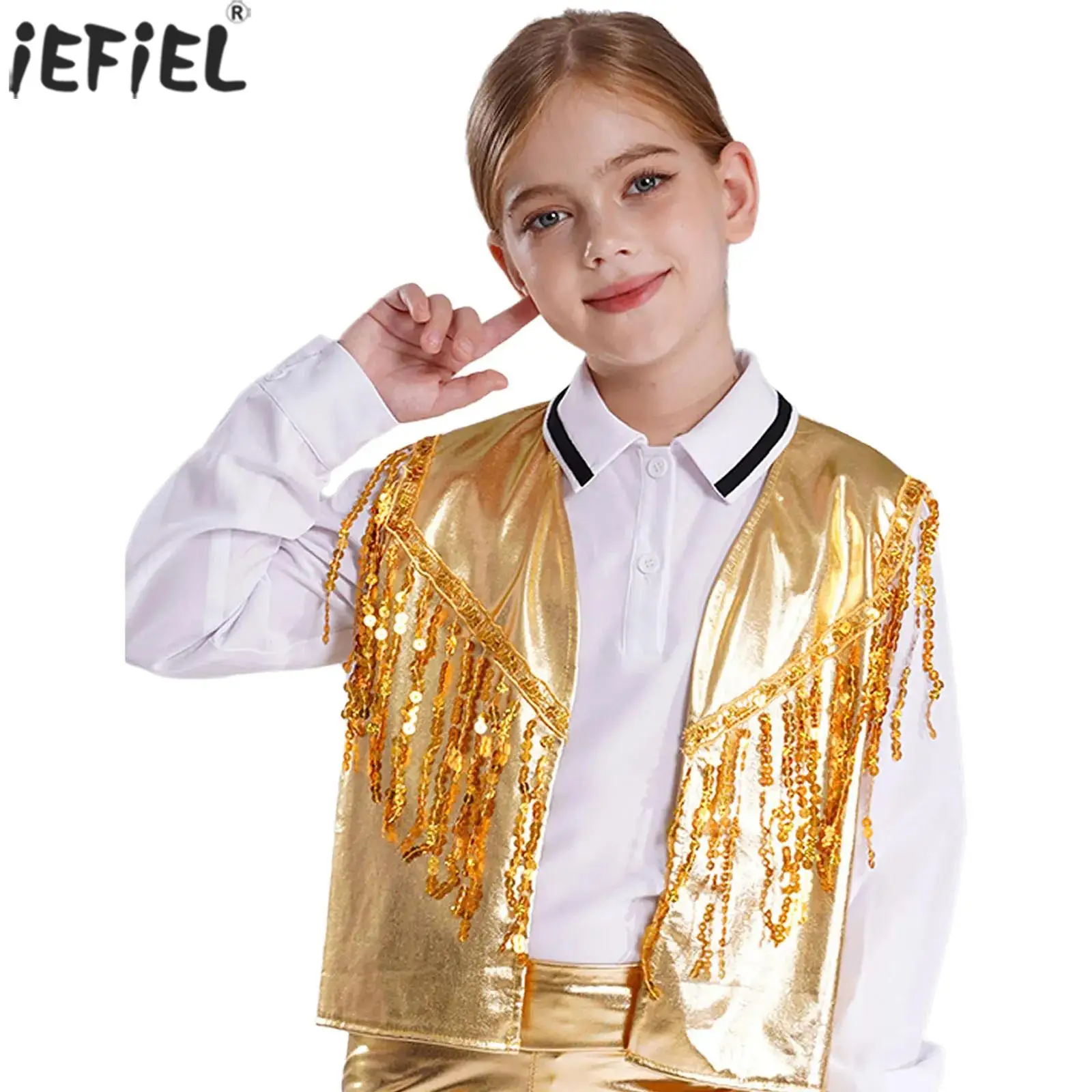 Kids Girls Sparkling Sequin Tassel Waistcoat Metallic Sleeveless Open Front Vest for Jazz Hip Hop Dance Party Stage Performance