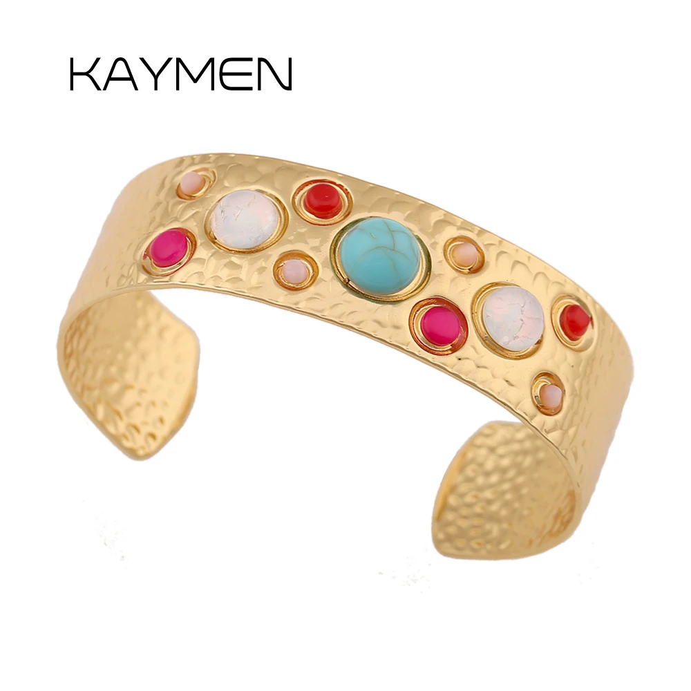 French Vintage Titanium Steel Bangle Colorful Gemstone Inlay Stainless Open Bracelet Elegant Fashion Jewelry Women Gift Party