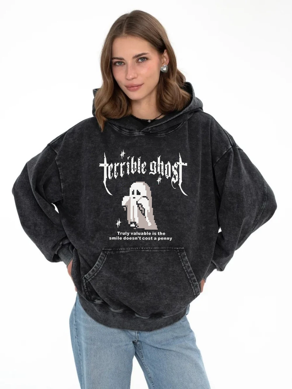 

Street Womens Washed Hoodie Terrible Ghost Funny Pattern Printing Sweatshirt Retro Oversize Cotton Hoody Casual Couple Clothes