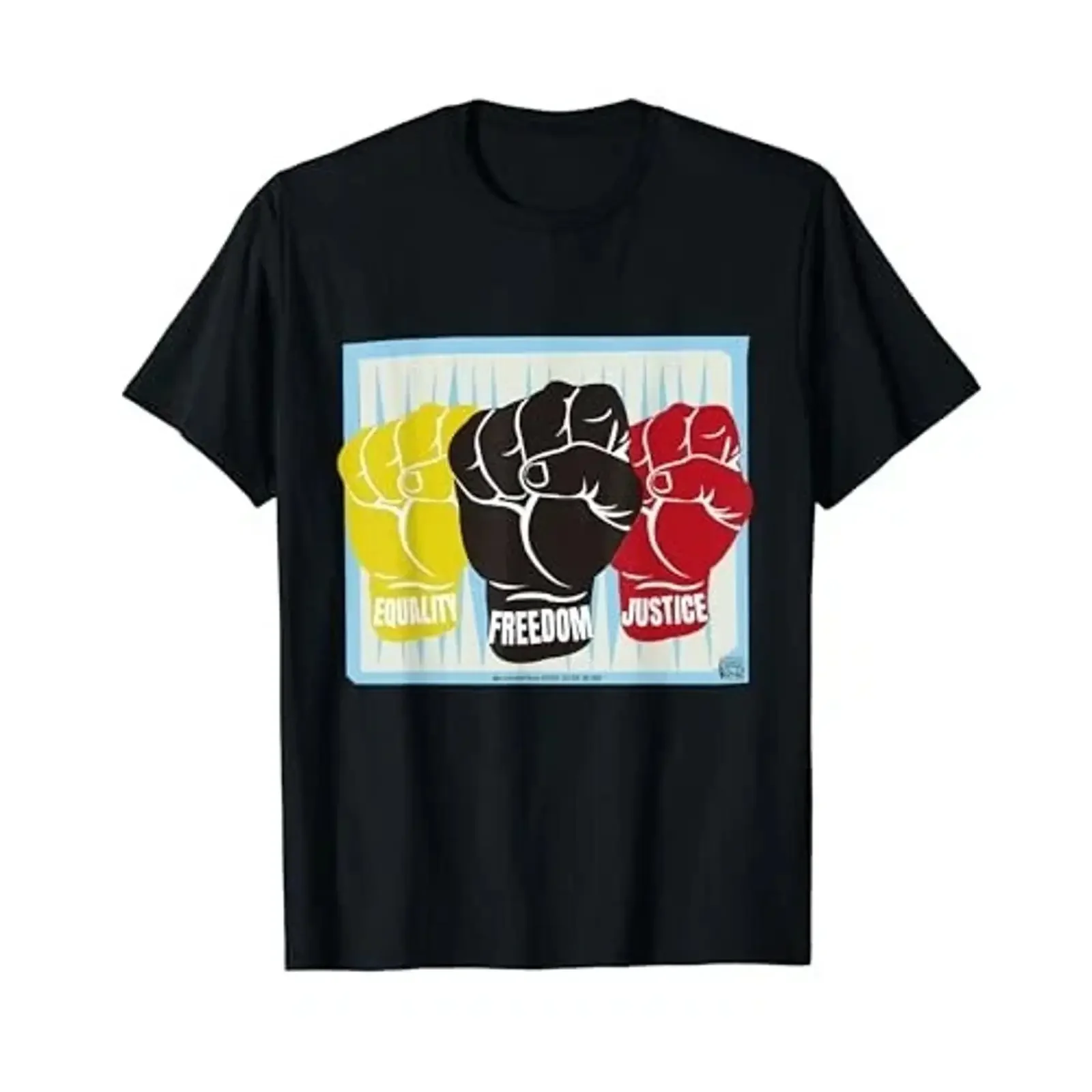 T-shirt Three Fists Freedom Justice Equality de JP, vintage, avec motif graphique délavé, haut de gamme doux et respirant pour un usage quotidien