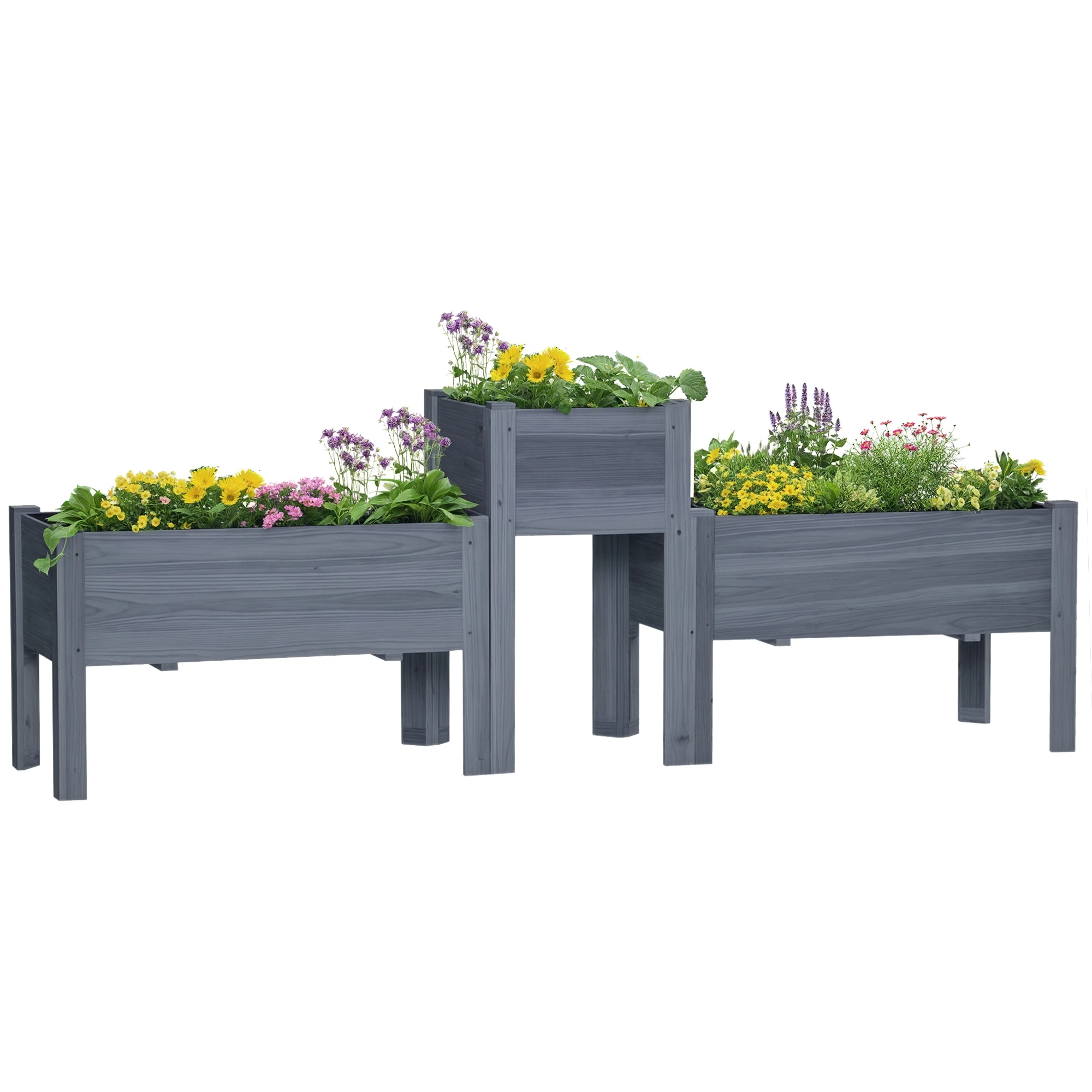 Raised Garden Bed, Set of 3 Wood Box & Trough Planters, Draining for flowers