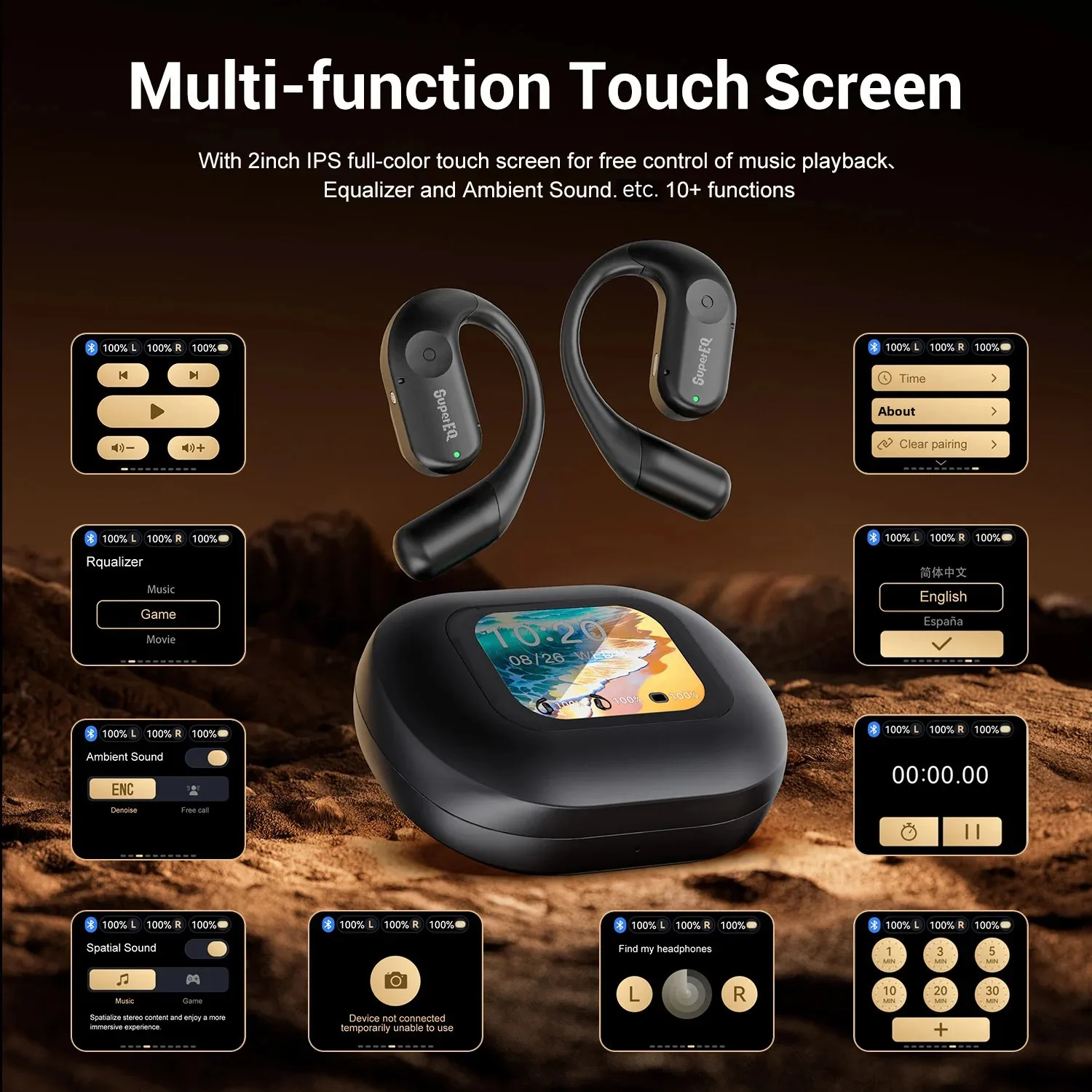 Oneodio SuperEQ 801/802 سماعة لاسلكية تعمل بالبلوتوث سماعات أذن مفتوحة مع شاشة عرض LED الأذن هوك سماعات أذن توصيل الهواء