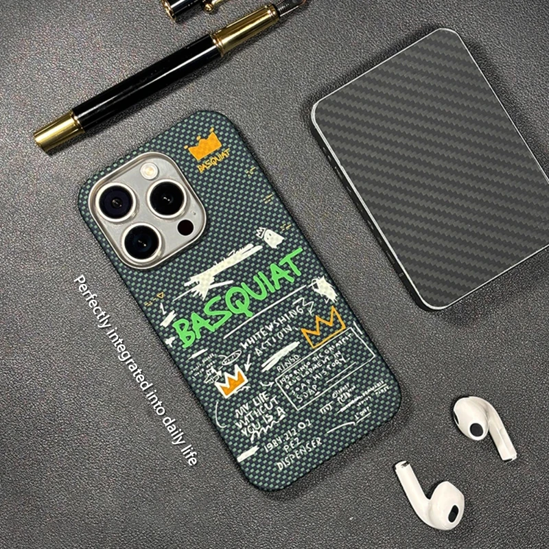 

1500D Aramid Fiber Luminous Graffiti B-BASQUIAT Luxury Magnetic Carbon Fiber Phone Case For iPhone 16 15 Promax Pro Ultra-thin