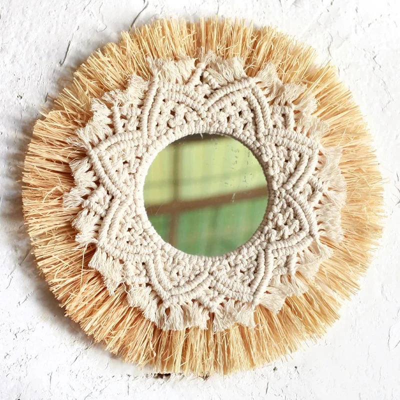 Nordic Straw Woven Hotel Bed and Breakfast Wall Boho Decor Handwoven Mirror Wall Decoration Macrame Decorative Mirror