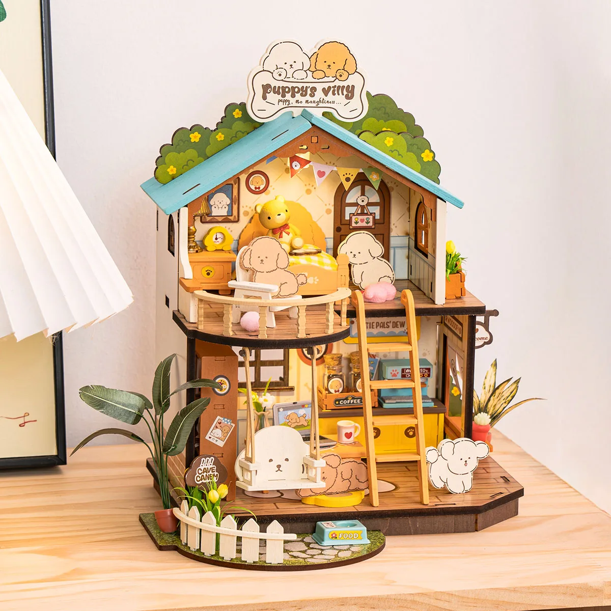 Robotime Rolife DIY Puppy's Cozy Villa House Miniature ชุดสําหรับเด็กและครอบครัวใหม่ปริศนาไม้ชุดตกแต่งบ้าน