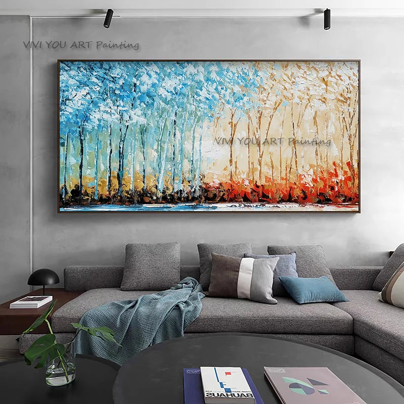 2023Handpainted Forest Oil Painting Knife Wall Art Picture Thick Blue Mural Picture for Living Room Decor Brush Tree Wall Decor