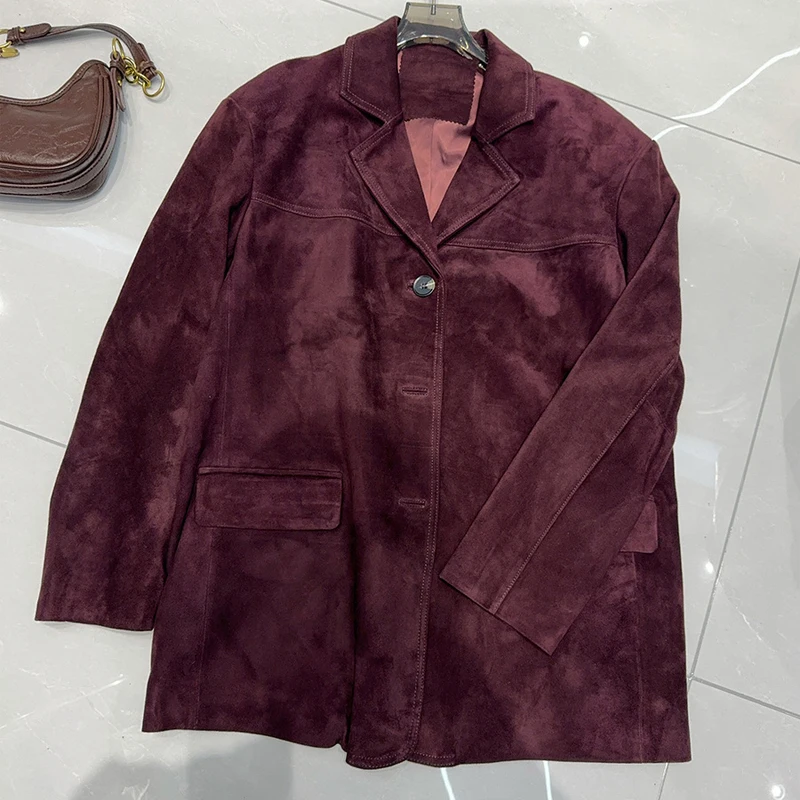 Moda wino czerwone damska zamszowa marynarka z jagnięcej skóry eleganckie klapy kobiece importowane zamszowe dziecięce kurtki na co dzień z owczej skóry