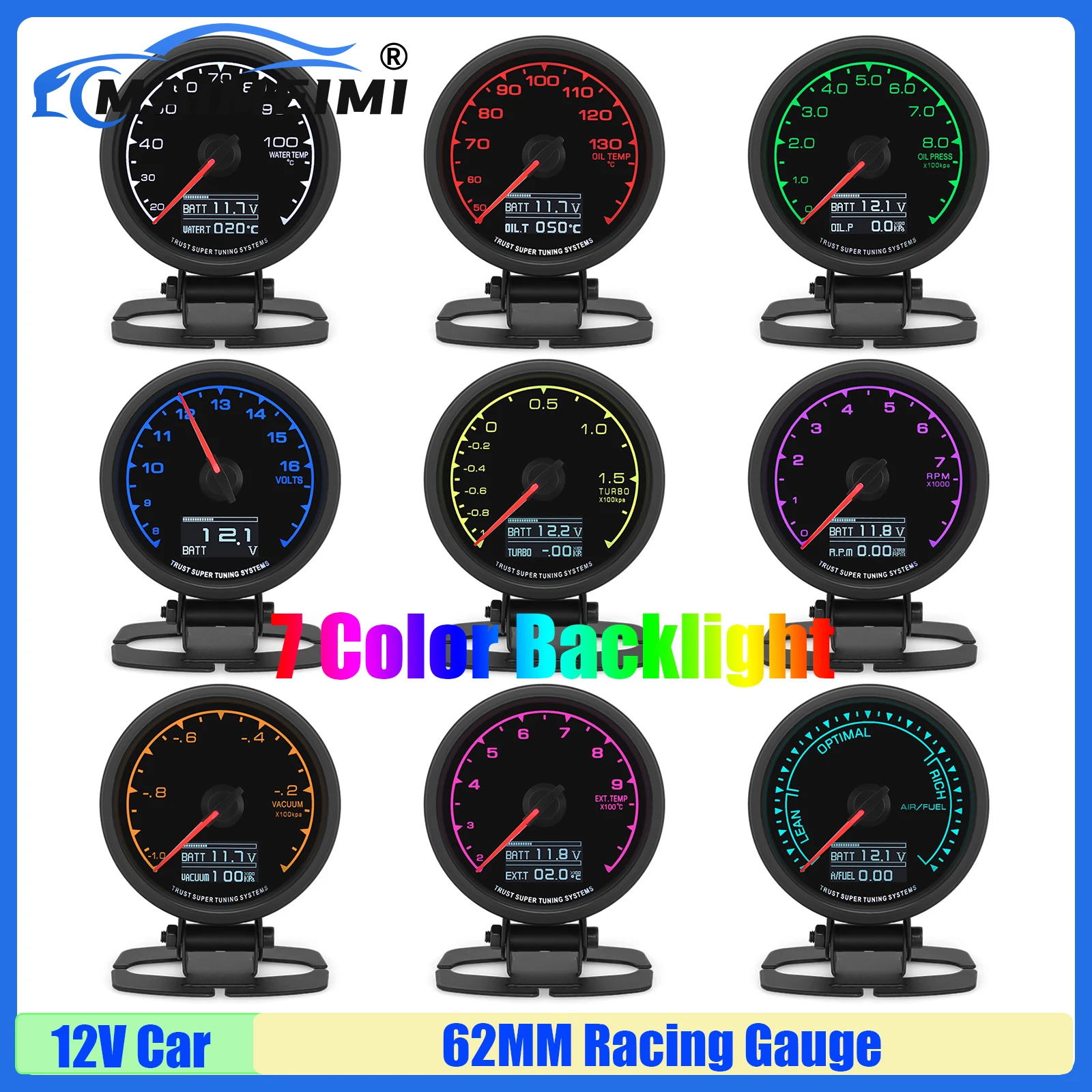 

MAIMEIMI 7 цветов, 62 мм, турбонаддувный измеритель, тахометр, температура воды, масла, масляный пресс, датчик вакуума EXT, соотношение воздуха и топлива, напряжение