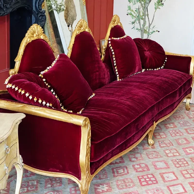 Classical Solid Wood Carving Golden Three Seater Sofa Luxury Red Velvet Fabric Couch for Club Villa Living Room Furniture
