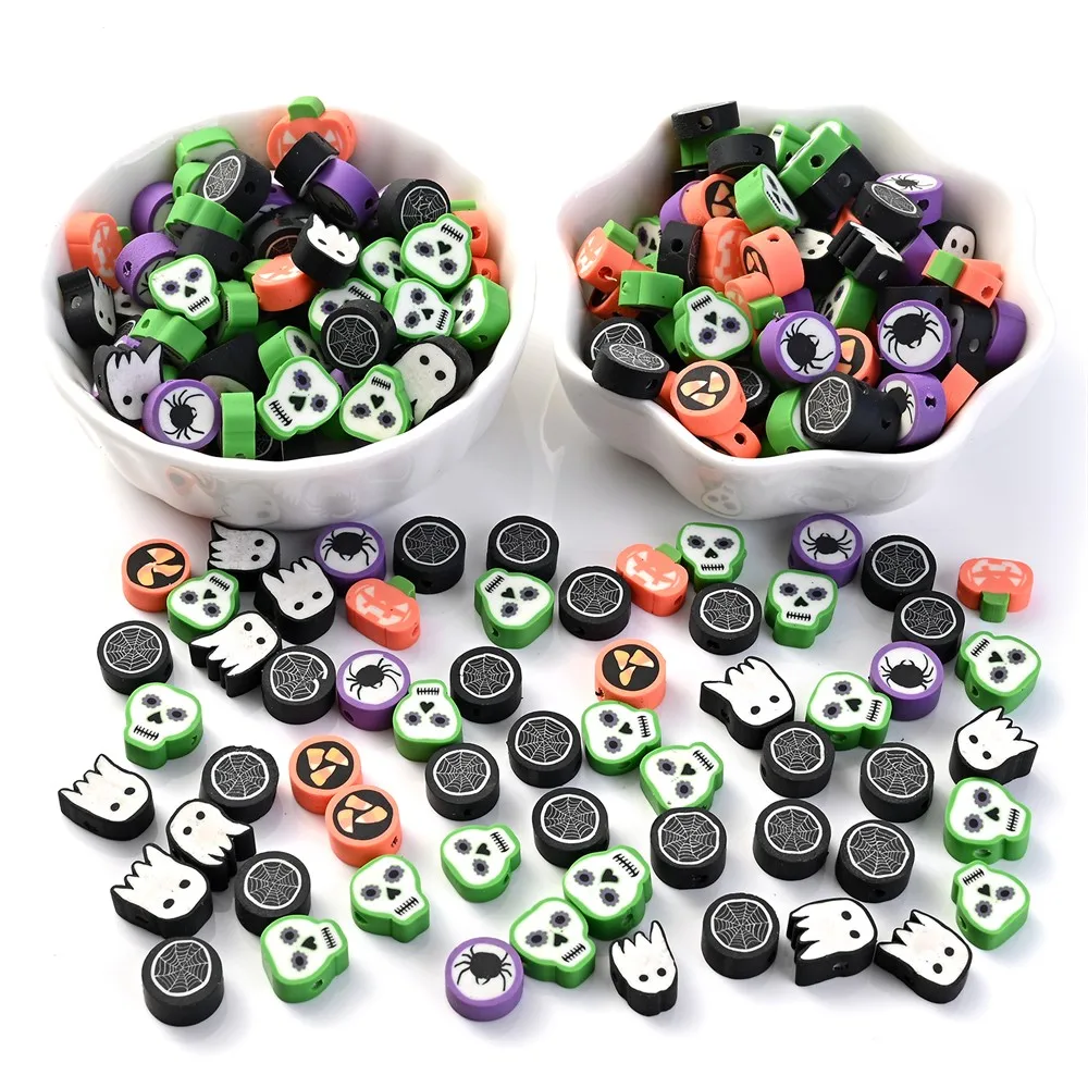 50pcs Mix Halloween Clay Beads Spider Web Ghost Skull Pumpkin Jewelry Beads For Making Bracelet Necklace Earring Handcraft