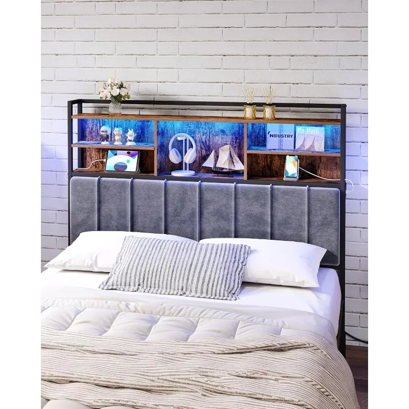 Headboard with 3-tier storage shelf, Upholstered headboard with 2 sockets, USB port and LED light