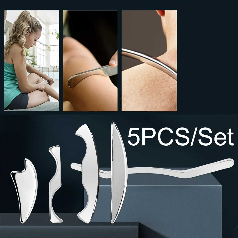 5pcs Stainless Steel Gua Sha Massage Set Metal Scraper Tools for Back Legs Arms Neck Shoulders with Travel Pouch Massage Tool