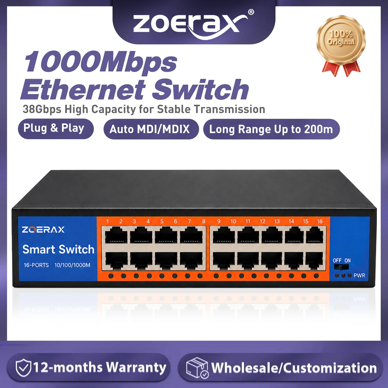 ZoeRax 16-Port Gigabit Ethernet Switch Unmanaged Plug & Play Built-in Long Reach Switch Support Up to 200 Meters for Home Office