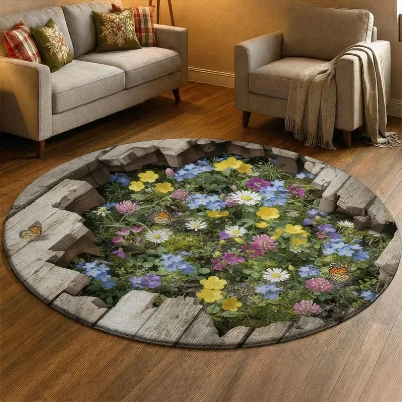 2D Illusion Secret Garden Round Rug Spring Wooden Gate Flower Print Soft Non-Slip Carpet Enchanted Garden Themed Floor Mat