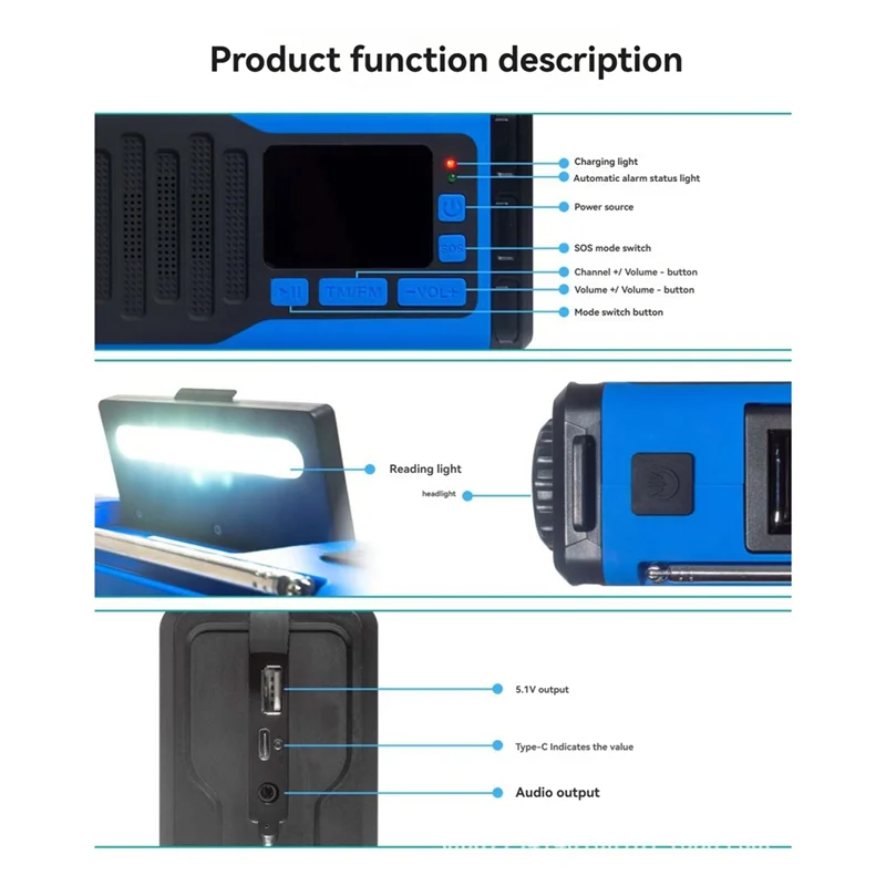 

A37T-Radios FM Bluetooth-динамик Трехдиапазонное аварийное радио Портативный солнечный радиоприемник Ручная рукоятка USB-C Зарядка