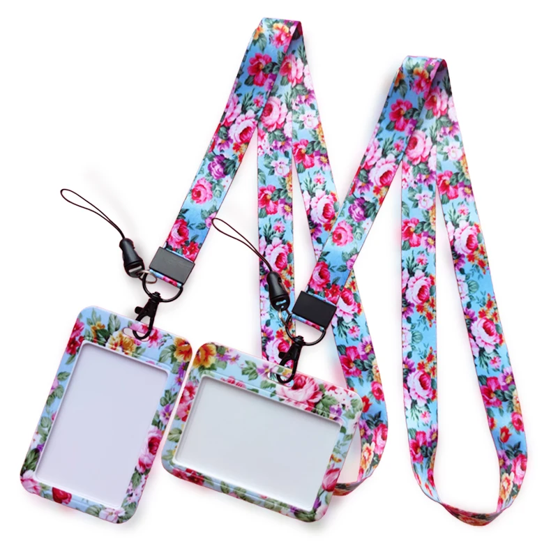 Floral Print ID Card Holder Lanyard for Keychain Neck Strap Flower Pattern ID Badge Holder Key Chain Retractable Clip YOYO