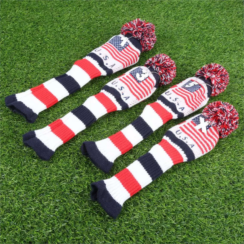 4Pcs No. 1 3 5 X Knitted Fabric Sock Golf Headcover USA Flag Golf Club Head/Driver/Fairway Wood Head Covers Set