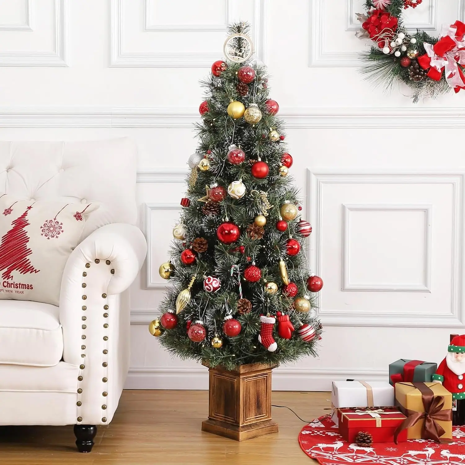 4.5 Ft Christmas Tree, Pre-Lit Christmas Tree with Large Box Base and 4 Red Berries, Artificial Christmas Tree with 200 LED Ligh