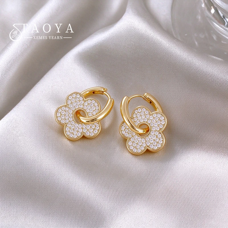 Gold Plated Full Paved CZ Flower Hoop Earrings for Women Sparkling Crystal Floral Dangle Earring Trendy Party Statement Jewelry