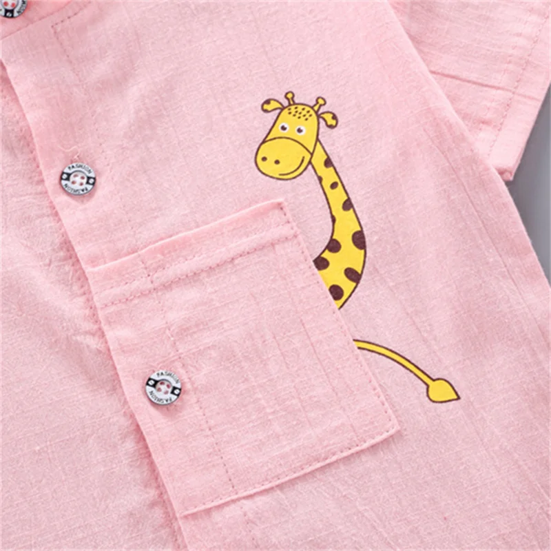 2PCS Baby Set Summer Fashion Simple Cartoon Giraffe Pattern Standing Neck Short Sleeve Denim Shorts Set