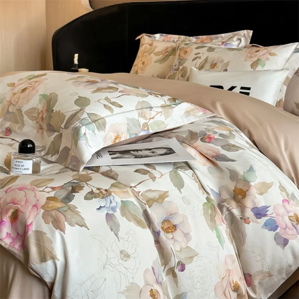 Long-staple Cotton Four-piece Set All-season Printing Quilt Cover Flat/Fitted Bed Sheet Pillowcase Bedding Set Queen King Size