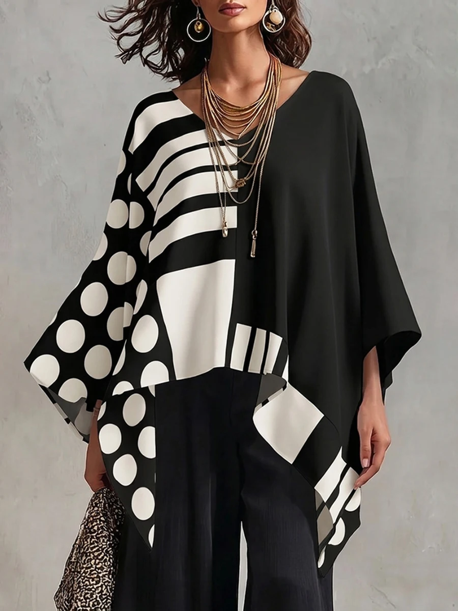 Modigirl 2026 Women Polka Dot Contrast Color Round Neck Batwing Sleeves Loose Tops Y2K Casual Daily Outfits Women T Shirts