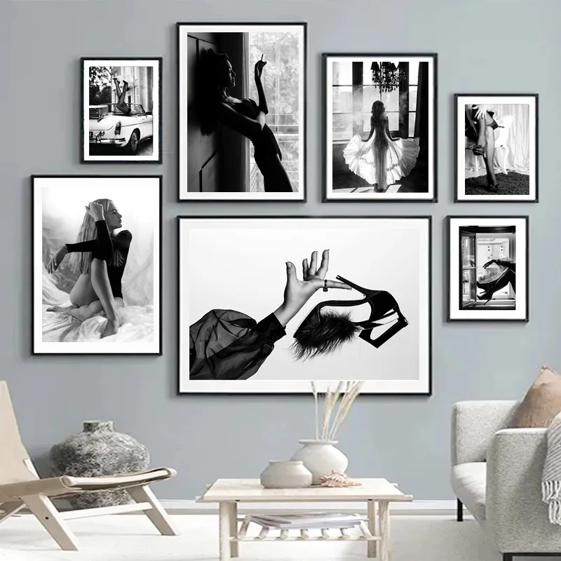 

Fashion Sexy Women Super Car Ballet Poster Luxury Black and White Paris Lipstick High Heels Art Canvas Painting Home Decor