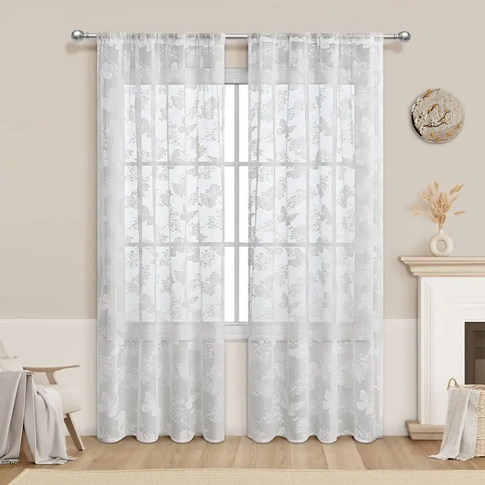 New Butterfly White Lace Curtains Embroidered Romantic Window Screening Breathable Semi Shading Rod Curtains Living Room