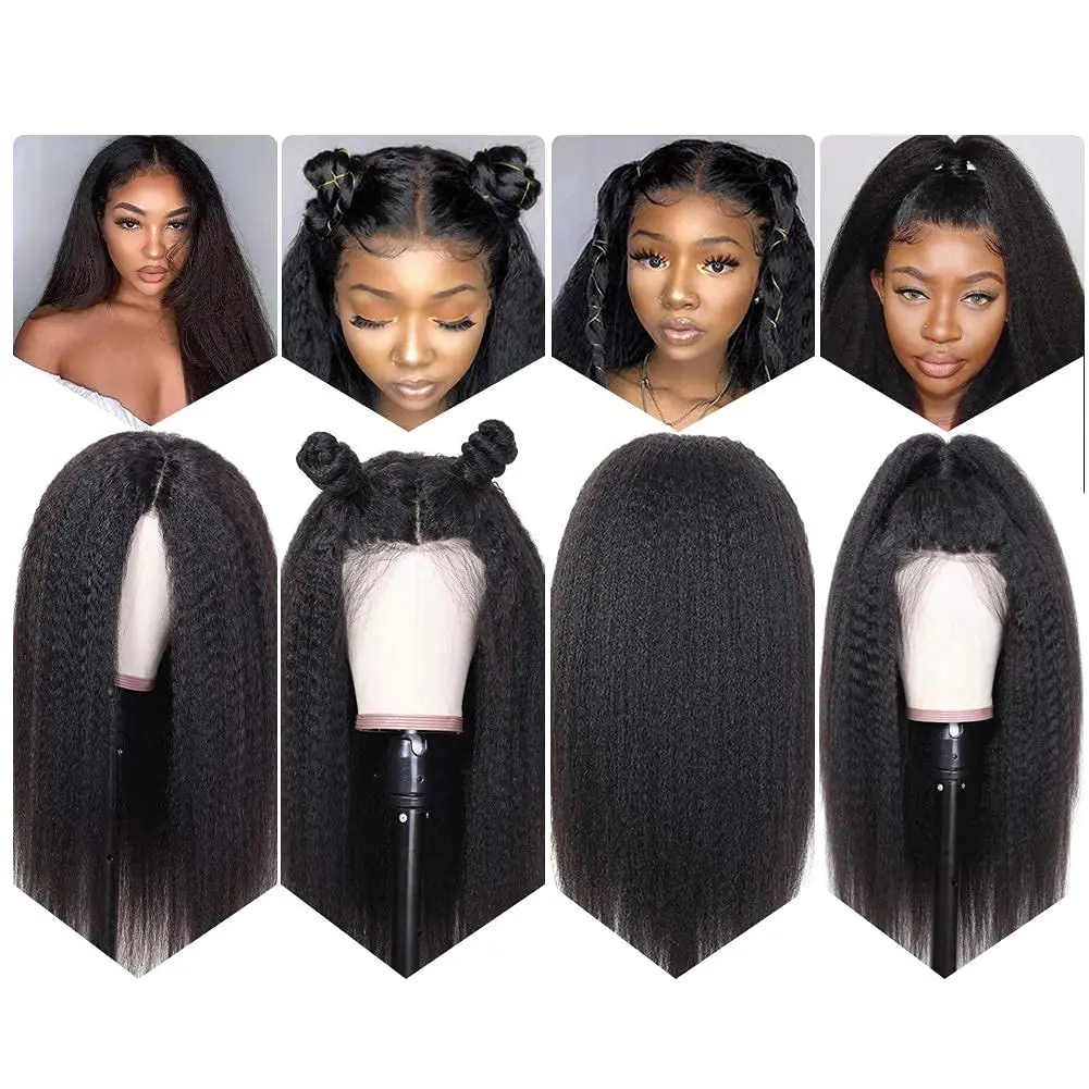 Leimlos verworrene gerade 13x4 Spitze Front Perücken synthetische rotbraun/schwarz Yaki glattes Haar hitze beständige Faser verworrene Afro