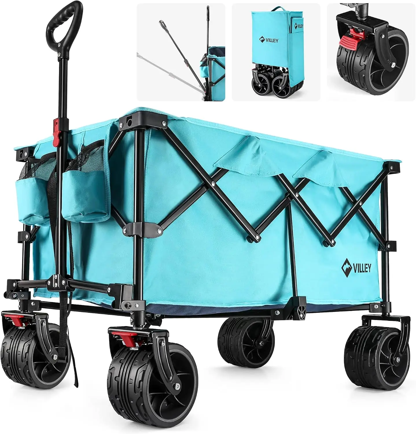 Collapsible Folding Wagon with Big Wheels, All Terrain Beach Wagon Cart Heavy Duty Foldable, Enlarged 225lbs Capacity
