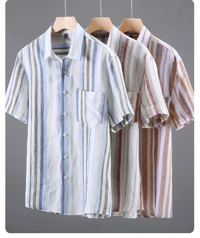 100% Linen Shirts for Men Summer Beach Causal New Male Shirts Pocket Short Sleeve Striped Shirt Daily Breathable Top Loose Shirt