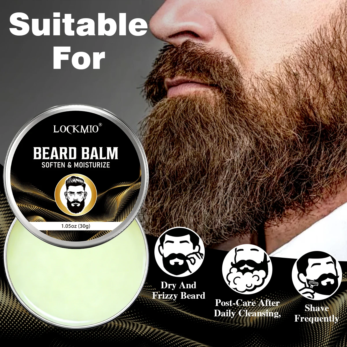 LOCKMIO 30g Beard Softening and Styling Balm for Men Long-Lasting Hold Mustaches Butter Facial Hair Moisturizing Defining Cream