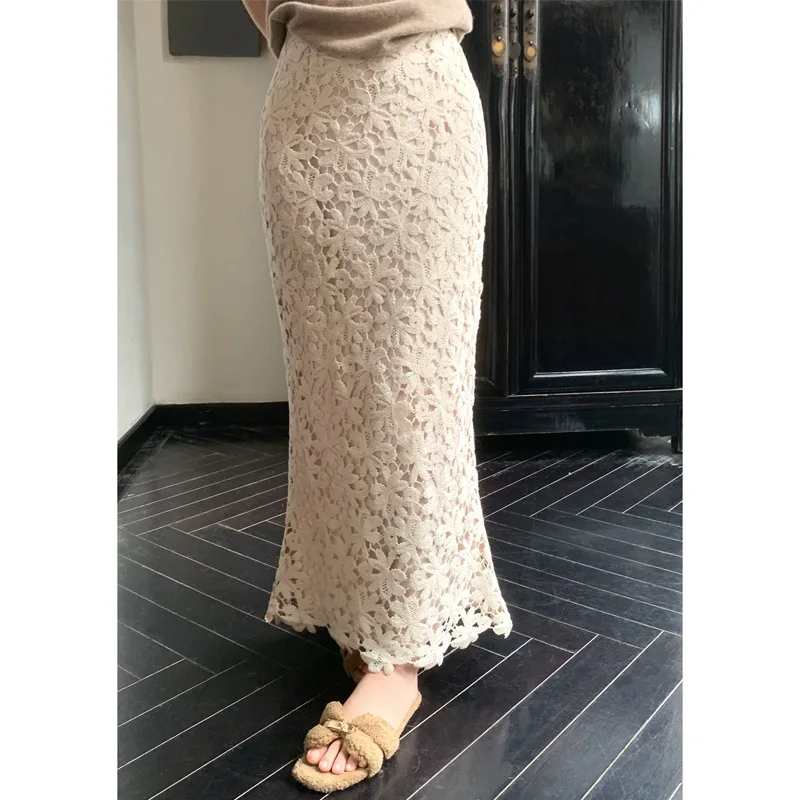 

Юбка-русалка с ажурным кружевом для женщин, весенняя, во французском стиле, элегантная, длинная, для создания образа.