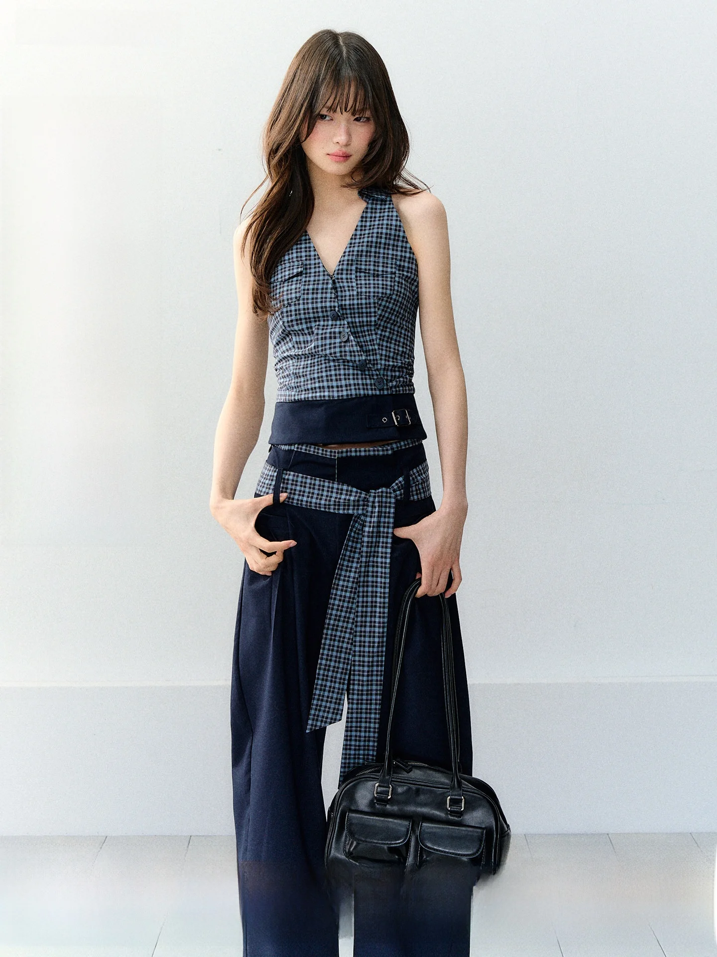

Original Korean Style Soote Season Two-Piece Set Wide Leg Pants And Checkered Color Collision Strap Vest Deep Blue Summer Fas...