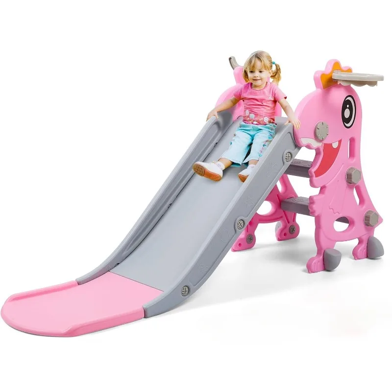 Dinosaur Slide Kids Toddler Indoor Slide Playset Indoor Outdoor Playground Toddler Climber Playset with Basketball Hoop
