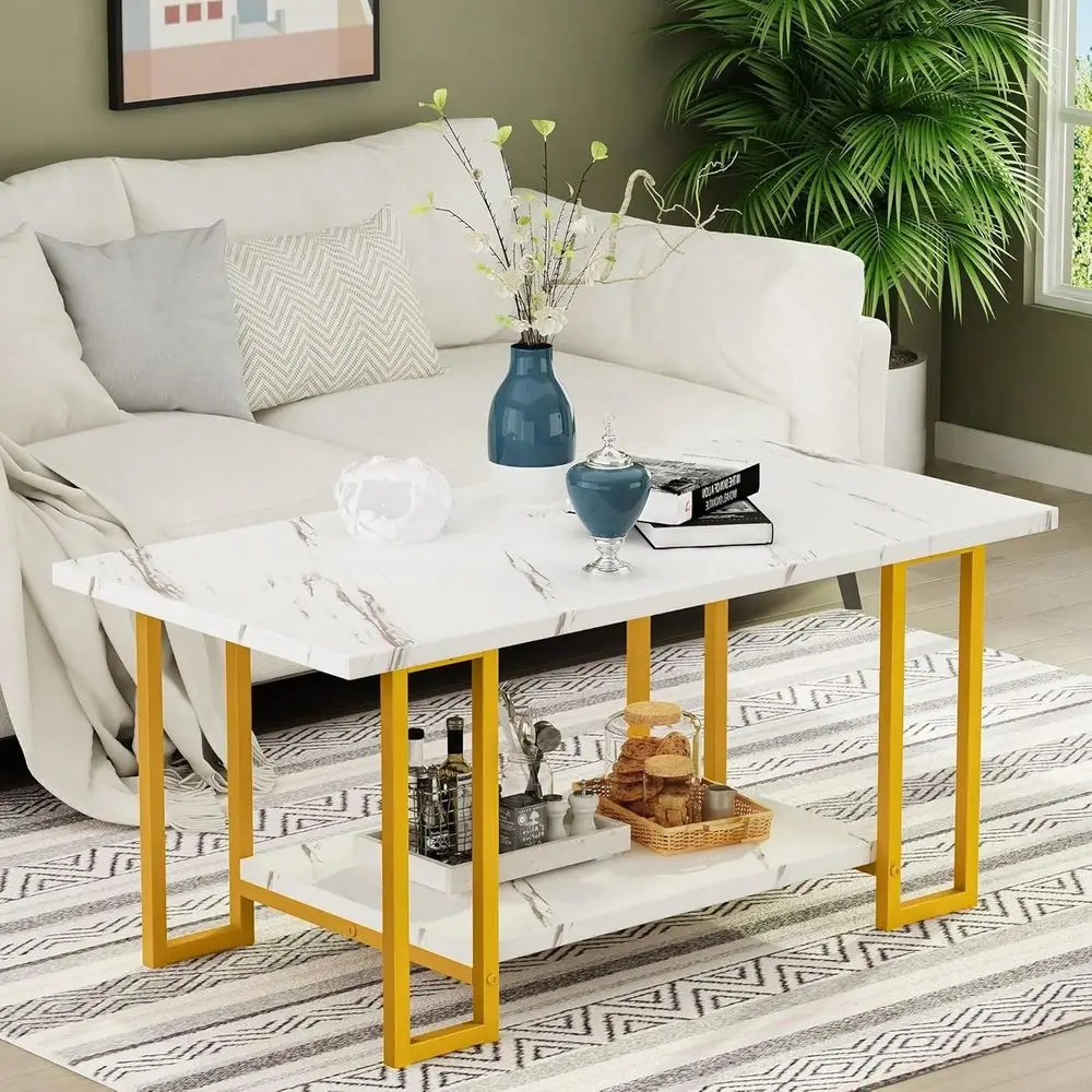 40Inch Artificial Marble Coffee Table, Imitation Marble Tabletop, Metal Frame, 2Level Design, Suitable For Office Balcony Livin