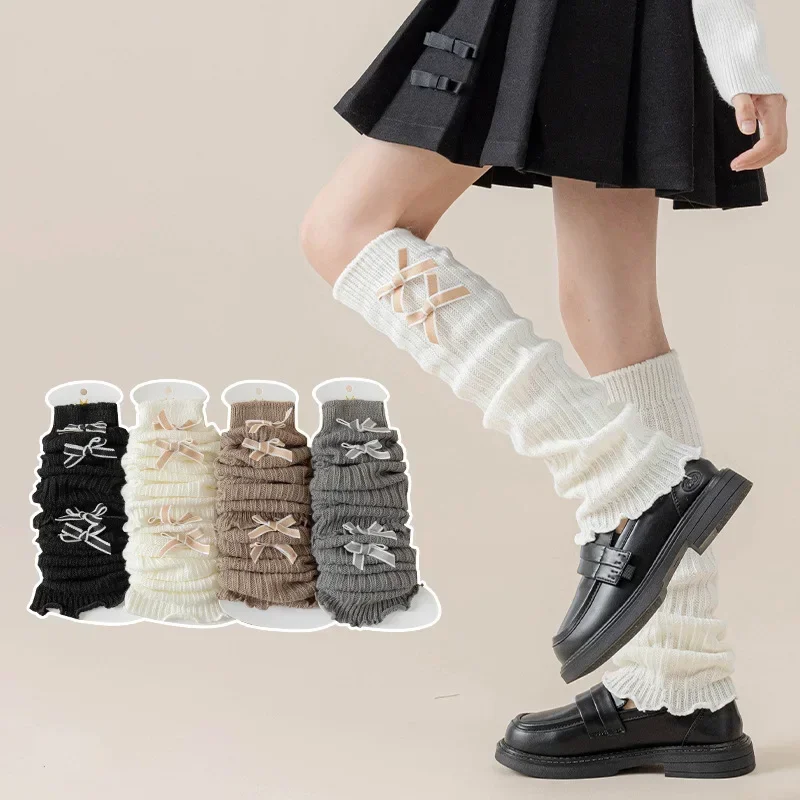 Sweet Korean Calf Sock for Kids Girl Fashion Bow Solid Color Children's Pile Sock Soft Cotton Autumn Leg Warmers 3-12Y